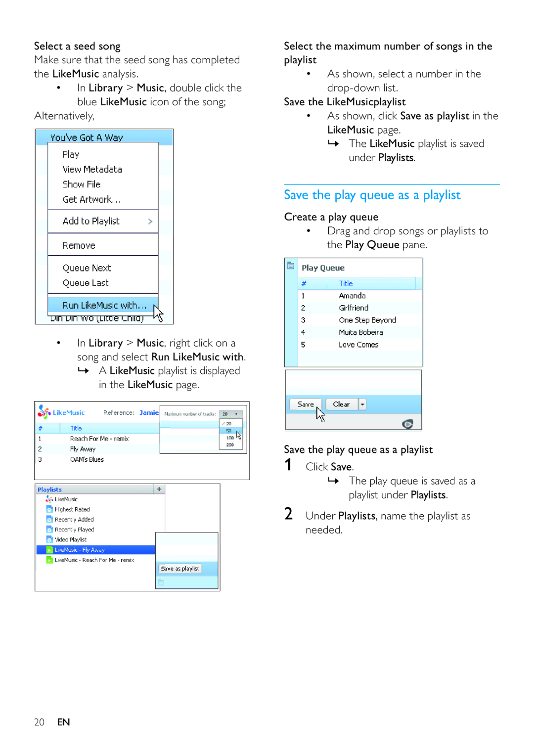 Philips SA3RGA02, SA3RGA08, SA3RGA04 user manual Create a play queue, Save the play queue as a playlist Click Save 