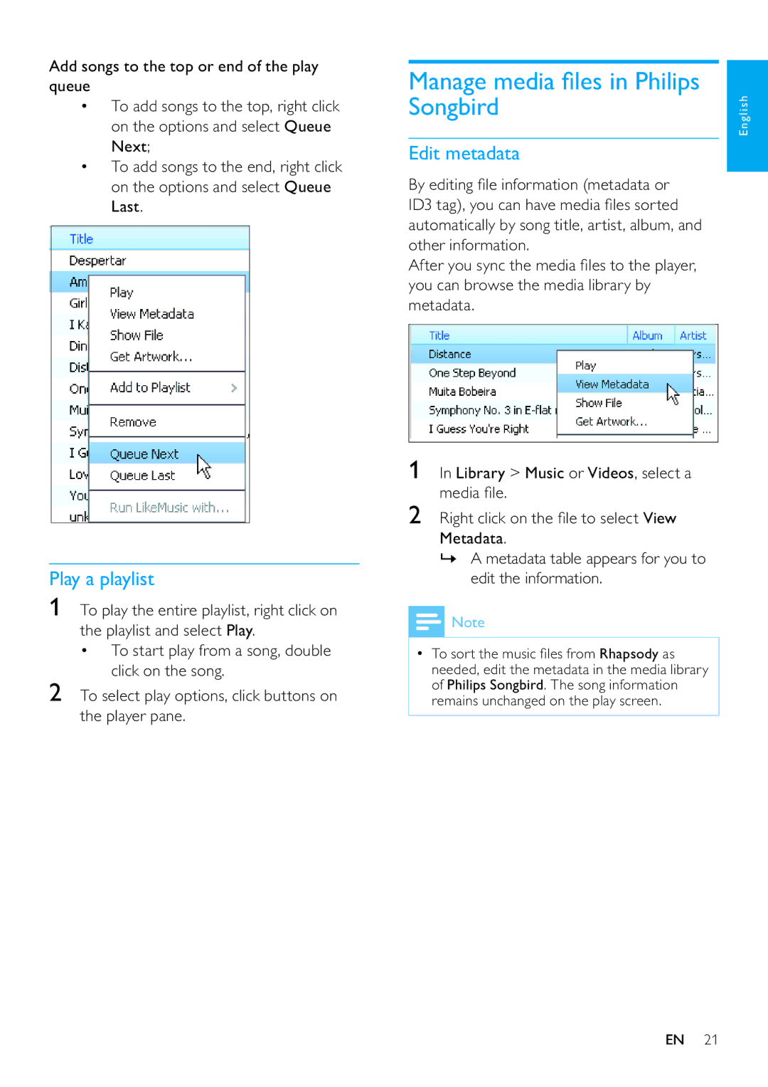 Philips SA3RGA08, SA3RGA04, SA3RGA02 user manual Manage media ﬁles in Philips Songbird, Play a playlist, Edit metadata 