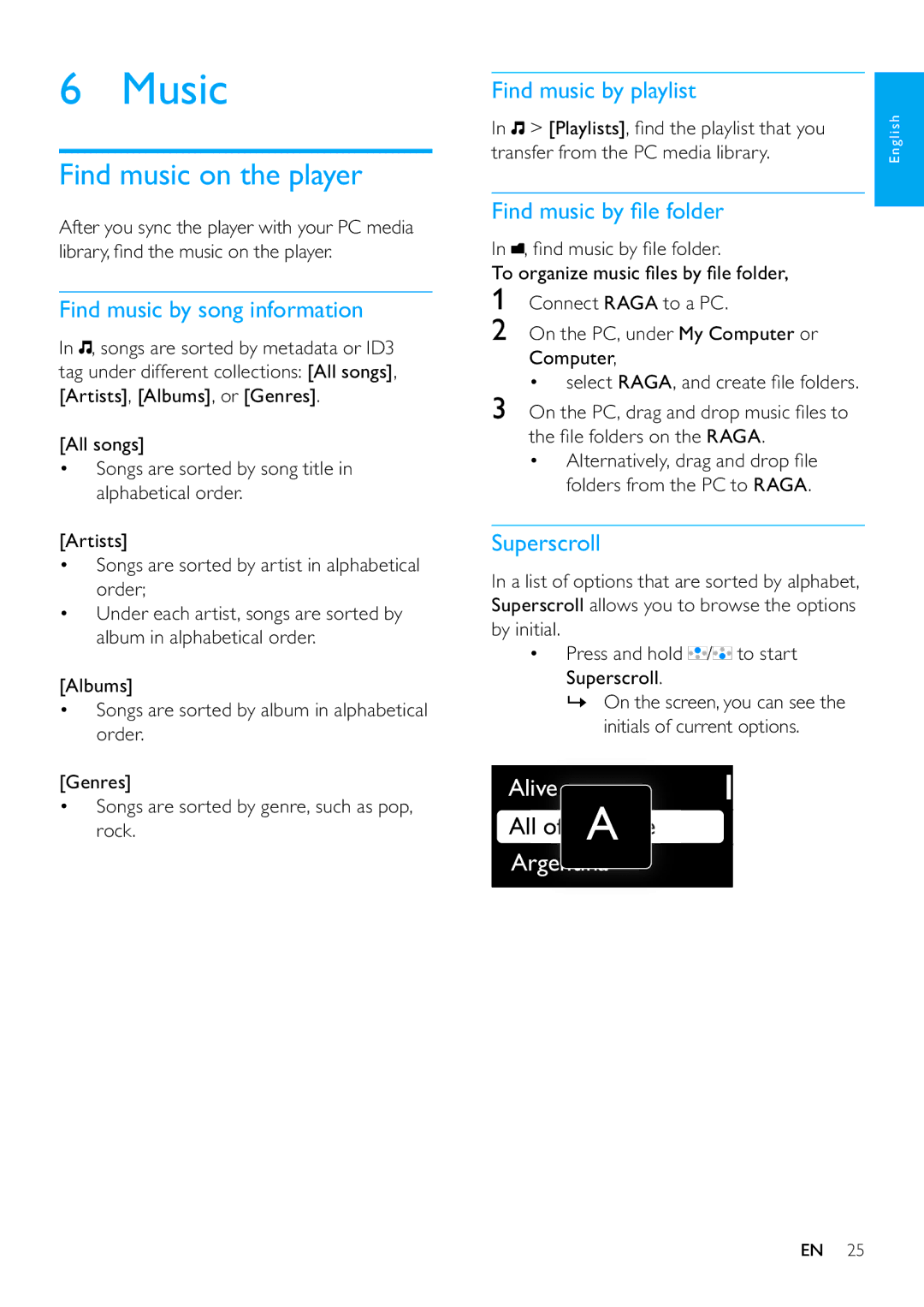 Philips SA3RGA04, SA3RGA08, SA3RGA02 user manual Music, Find music on the player 