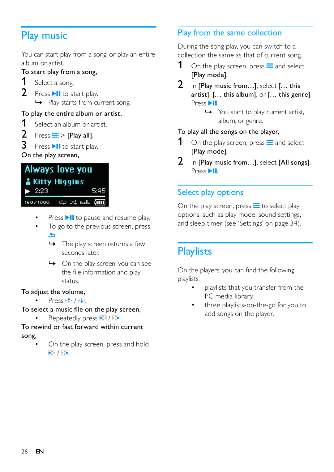 Philips SA3RGA02, SA3RGA08, SA3RGA04 user manual Play music, Playlists, Play from the same collection, Select play options 