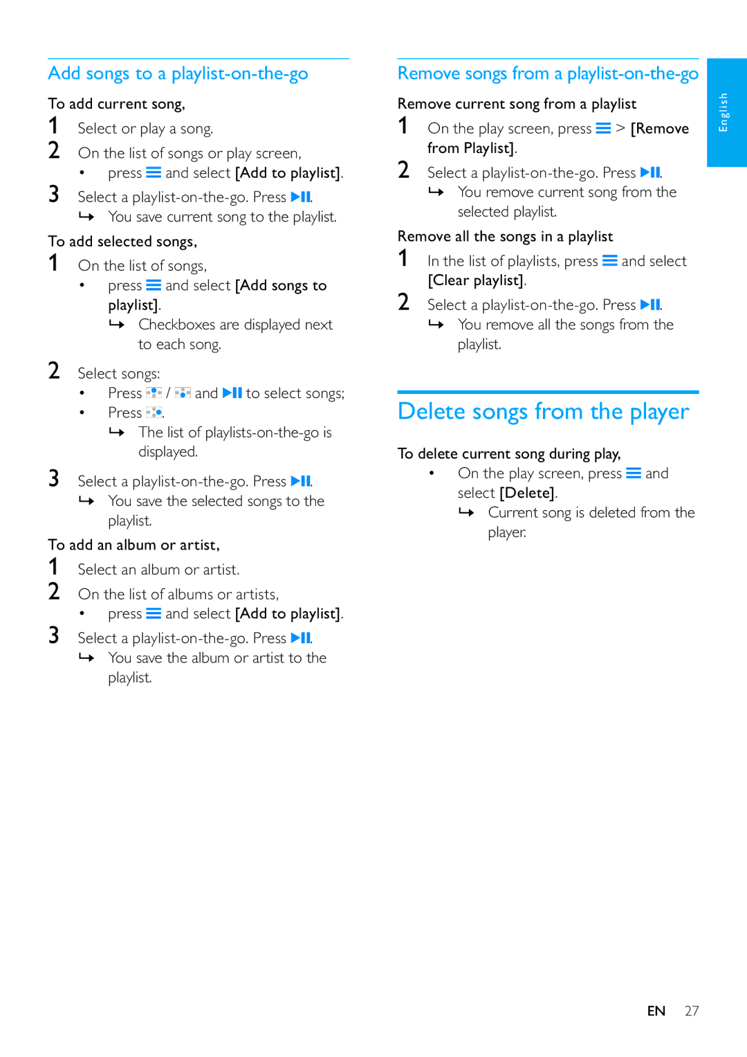 Philips SA3RGA08 Delete songs from the player, Add songs to a playlist-on-the-go, Remove songs from a playlist-on-the-go 