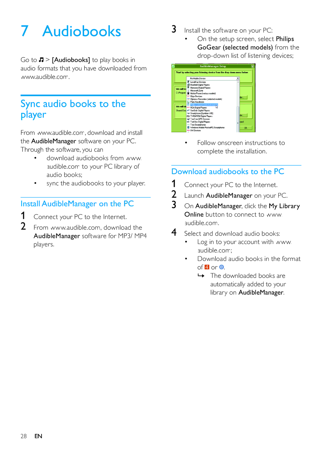 Philips SA3RGA04, SA3RGA08, SA3RGA02 user manual Audiobooks, Sync audio books to the player, Install AudibleManager on the PC 
