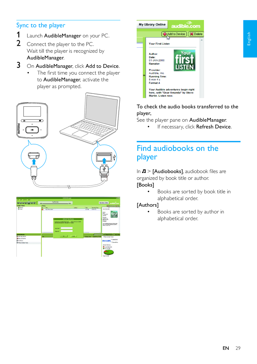 Philips SA3RGA02, SA3RGA08, SA3RGA04 user manual Find audiobooks on the player, Sync to the player 