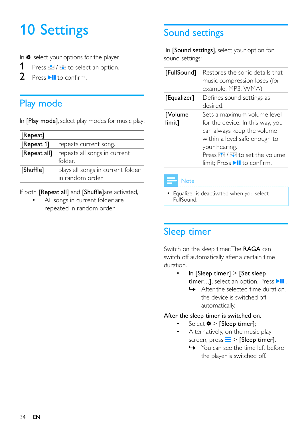 Philips SA3RGA04, SA3RGA08 Settings, Play mode, Sleep timer, Sound settings, select your option for sound settings 