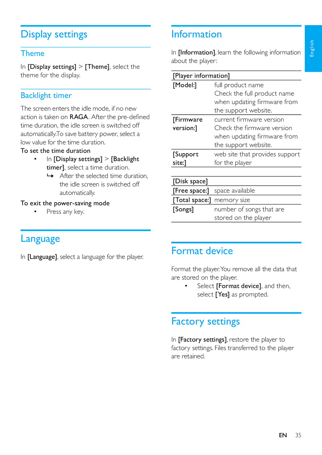 Philips SA3RGA02, SA3RGA08, SA3RGA04 user manual Display settings, Information, Language, Format device, Factory settings 