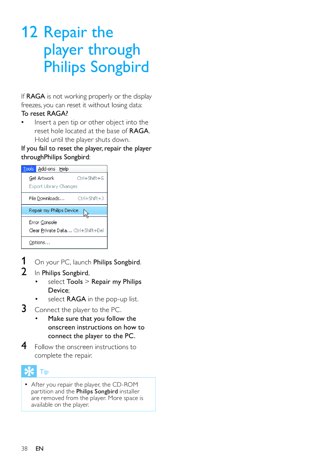 Philips SA3RGA02, SA3RGA08, SA3RGA04 user manual Repair the player through Philips Songbird 