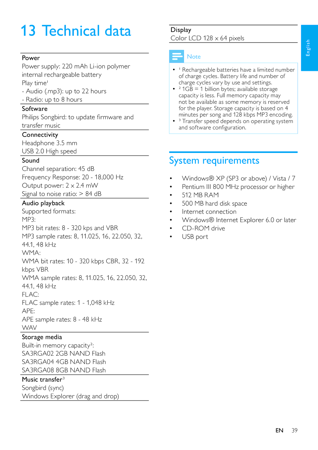 Philips SA3RGA08 Technical data, System requirements, Power, Flac sample rates 1 1,048 kHz APE APE sample rates 8 48 kHz 