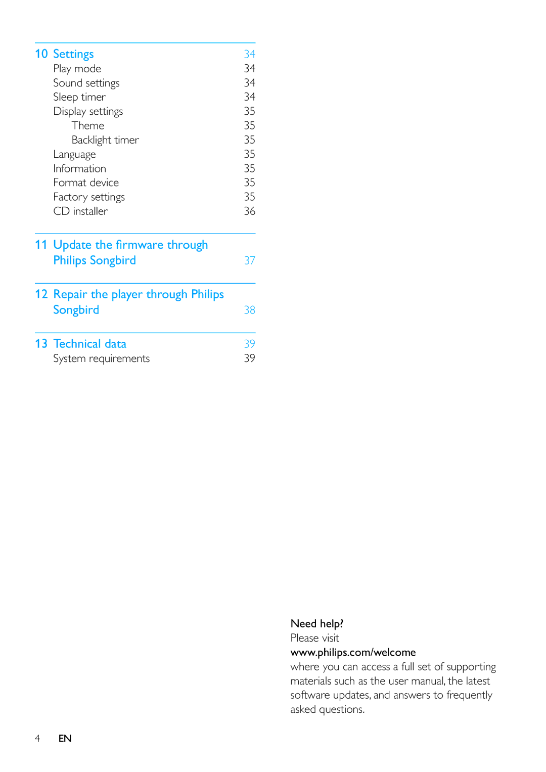 Philips SA3RGA04, SA3RGA08, SA3RGA02 user manual Settings, System requirements Need help? Please visit 