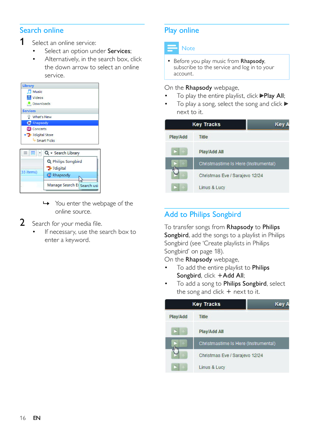 Philips SA3VBE32, SA3VBE08, SA3VBE16, SA3VBE04 user manual Search online, Play online, Add to Philips Songbird 