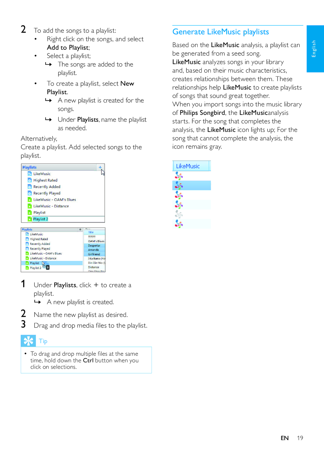 Philips SA3VBE04, SA3VBE32, SA3VBE08, SA3VBE16 user manual Generate LikeMusic playlists, Tip 