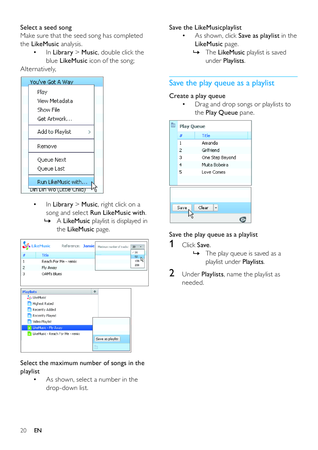 Philips SA3VBE32, SA3VBE08, SA3VBE16, SA3VBE04 Create a play queue, Save the play queue as a playlist Click Save 