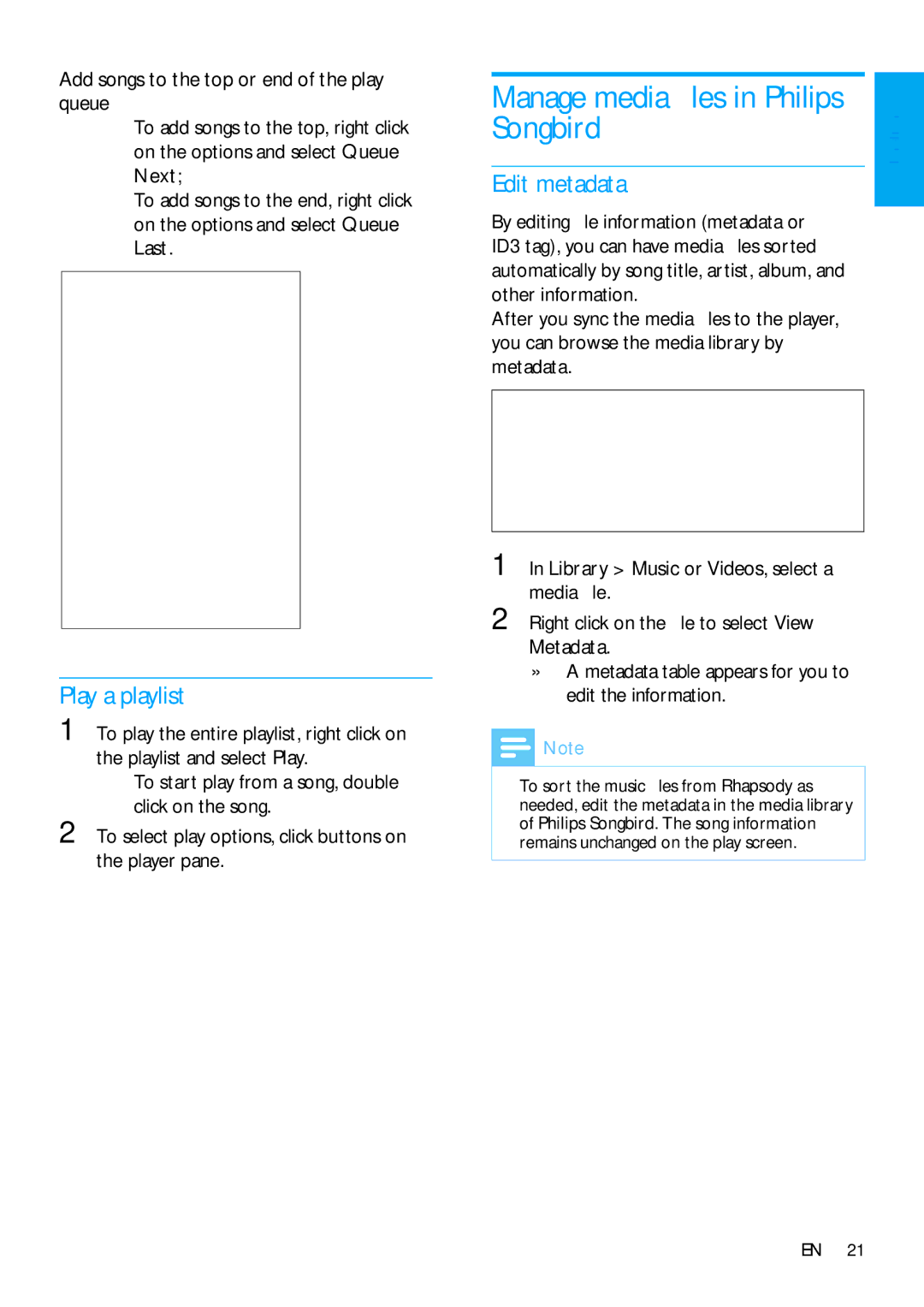 Philips SA3VBE08, SA3VBE32, SA3VBE16, SA3VBE04 Manage media ﬁles in Philips Songbird, Play a playlist, Edit metadata 