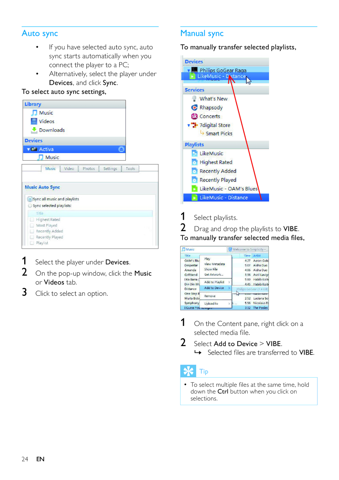 Philips SA3VBE32, SA3VBE08, SA3VBE16 Auto sync, Manual sync, To manually transfer selected playlists Select playlists 