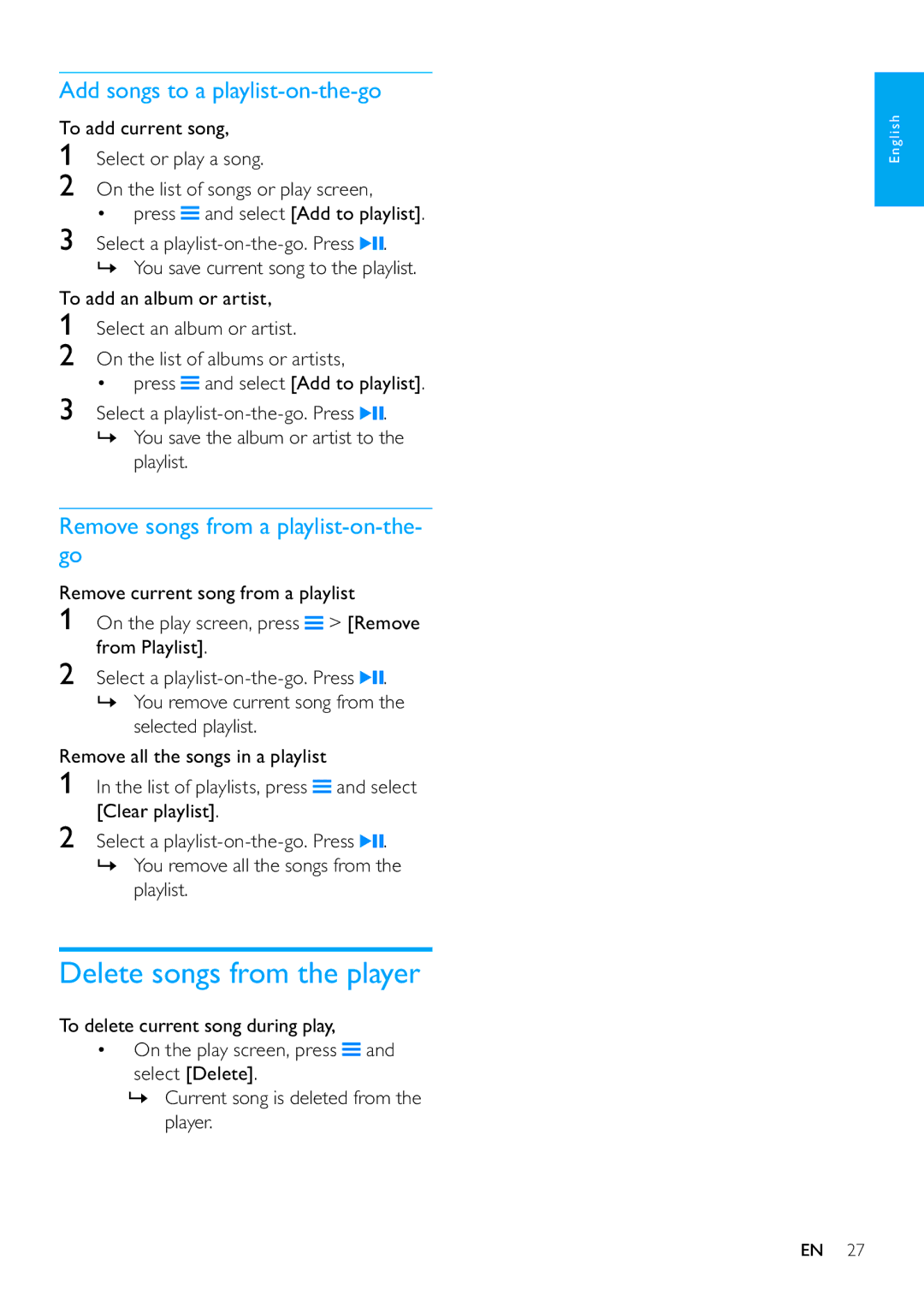 Philips SA3VBE04 Delete songs from the player, Add songs to a playlist-on-the-go, Remove songs from a playlist-on-the- go 