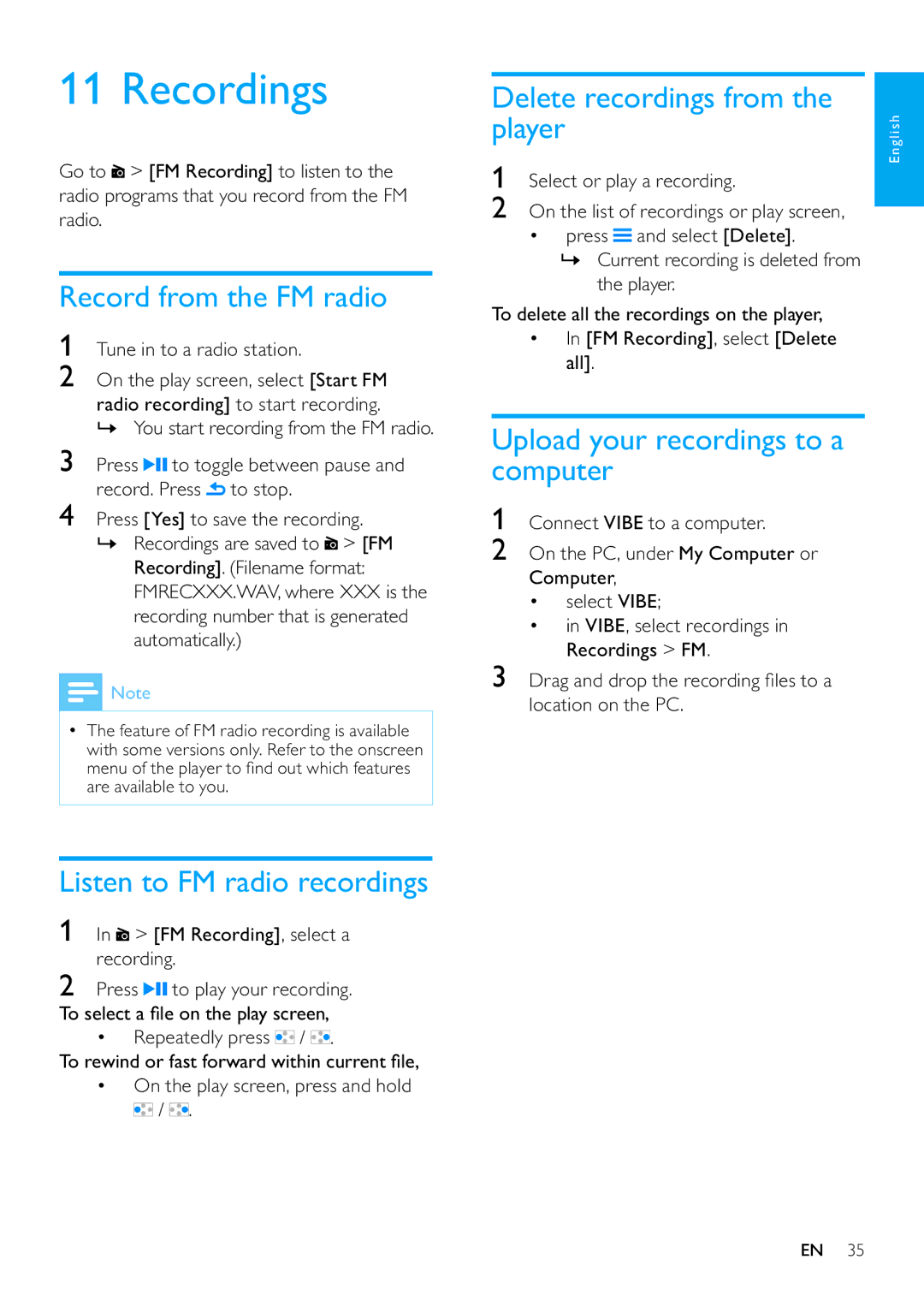 Philips SA3VBE04 Recordings, Record from the FM radio, Listen to FM radio recordings, Delete recordings from Player 