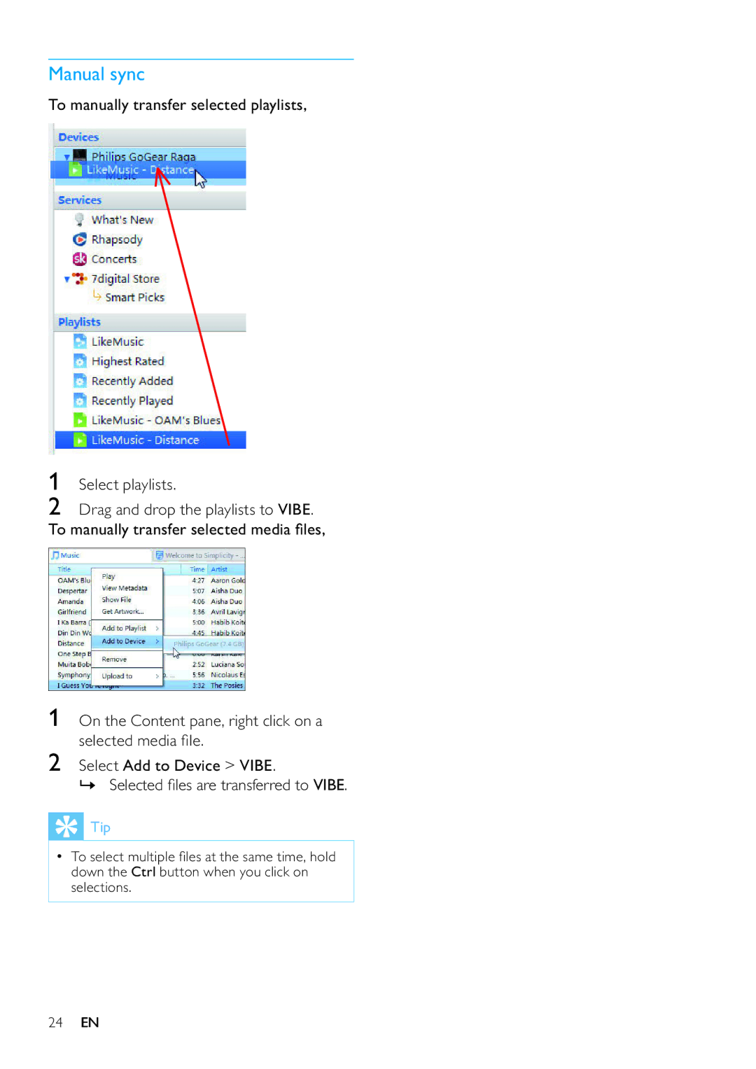 Philips SA3VBE32, SA3VBE08, SA3VBE16, SA3VBE04 Manual sync, To manually transfer selected playlists Select playlists 