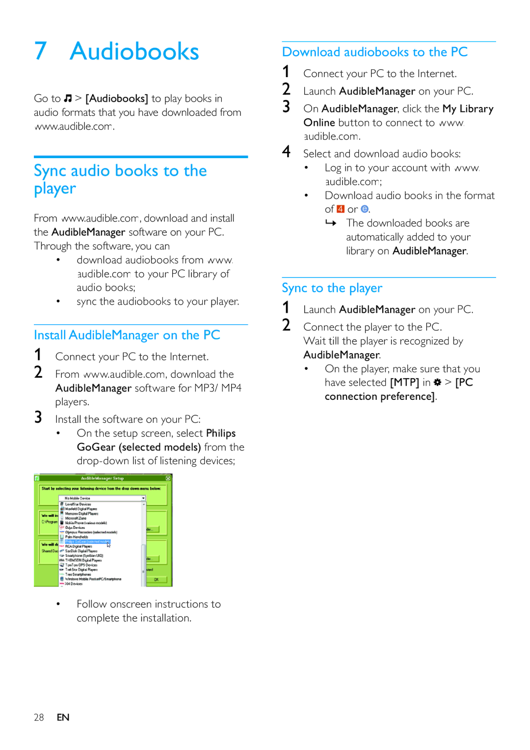 Philips SA3VBE32 Audiobooks, Sync audio books to the player, Install AudibleManager on the PC, Sync to the player 