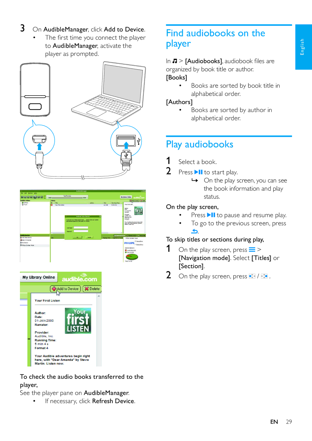 Philips SA3VBE08, SA3VBE32, SA3VBE16, SA3VBE04 user manual Find audiobooks on the player, Play audiobooks 