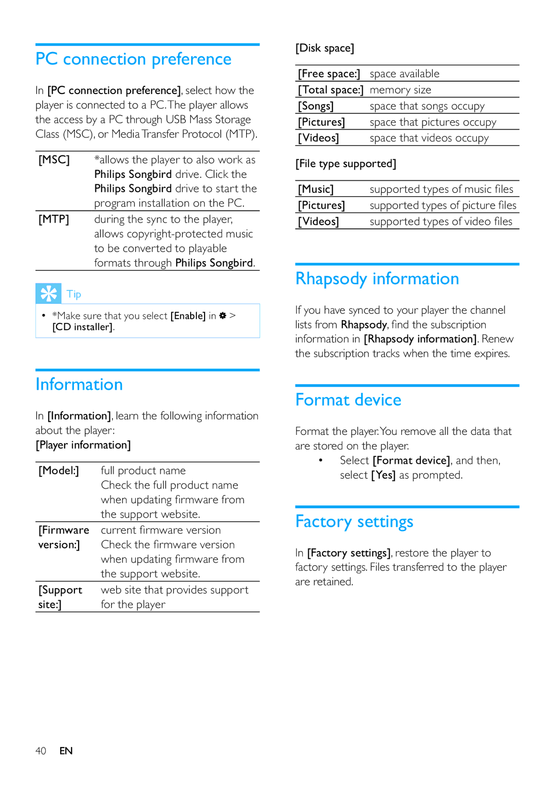 Philips SA3VBE32, SA3VBE08 PC connection preference, Information, Rhapsody information, Format device, Factory settings 