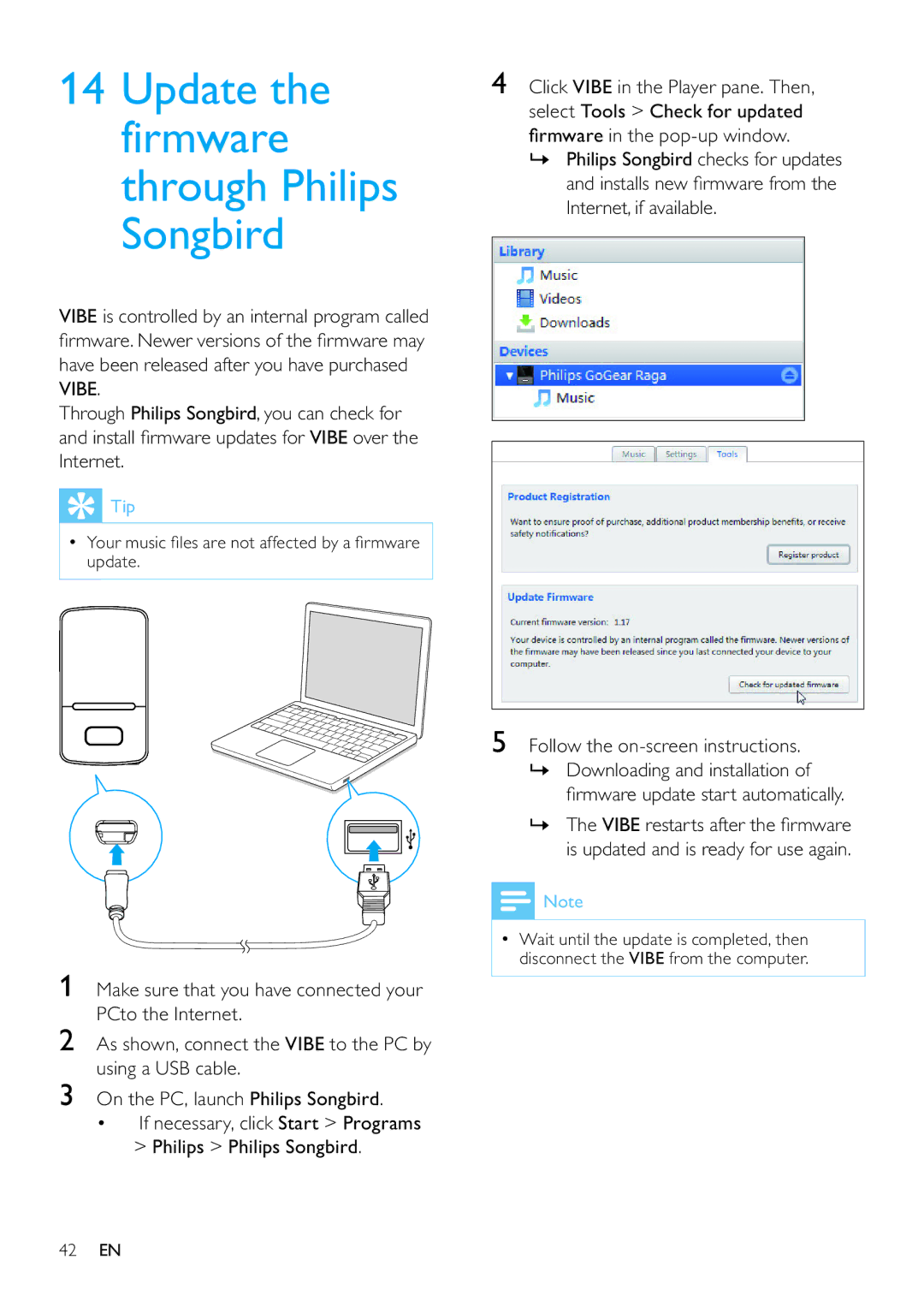 Philips SA3VBE16, SA3VBE32, SA3VBE08 Update the firmware through Philips Songbird, Follow the on-screen instructions 