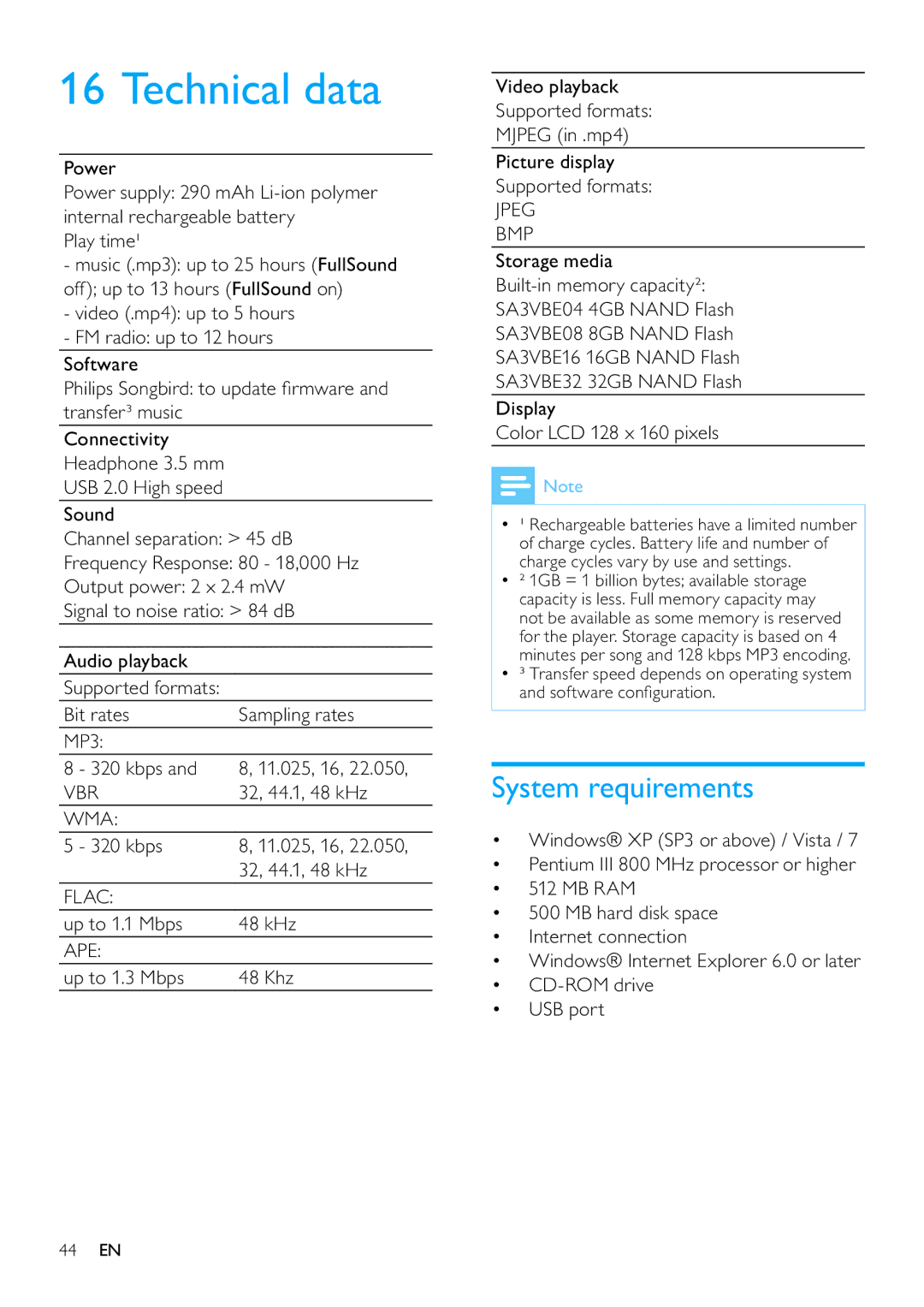 Philips SA3VBE32, SA3VBE08, SA3VBE16, SA3VBE04 user manual Technical data, System requirements 