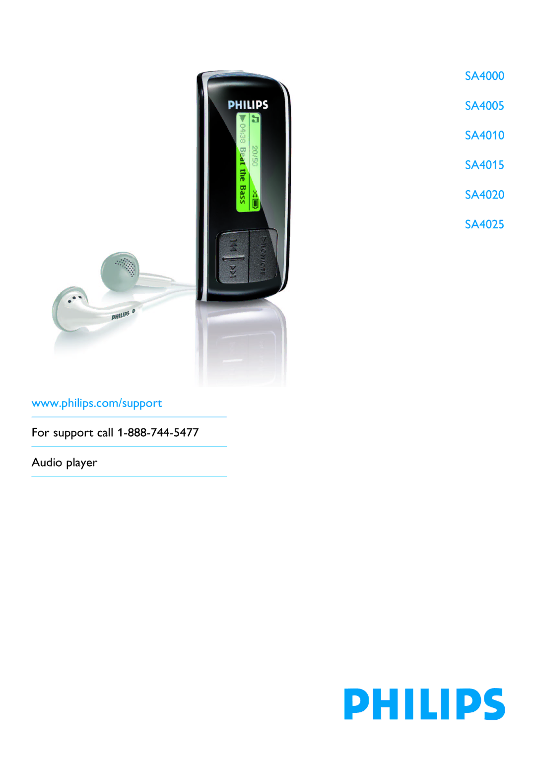 Philips SA4000 series manual For support call Audio player 