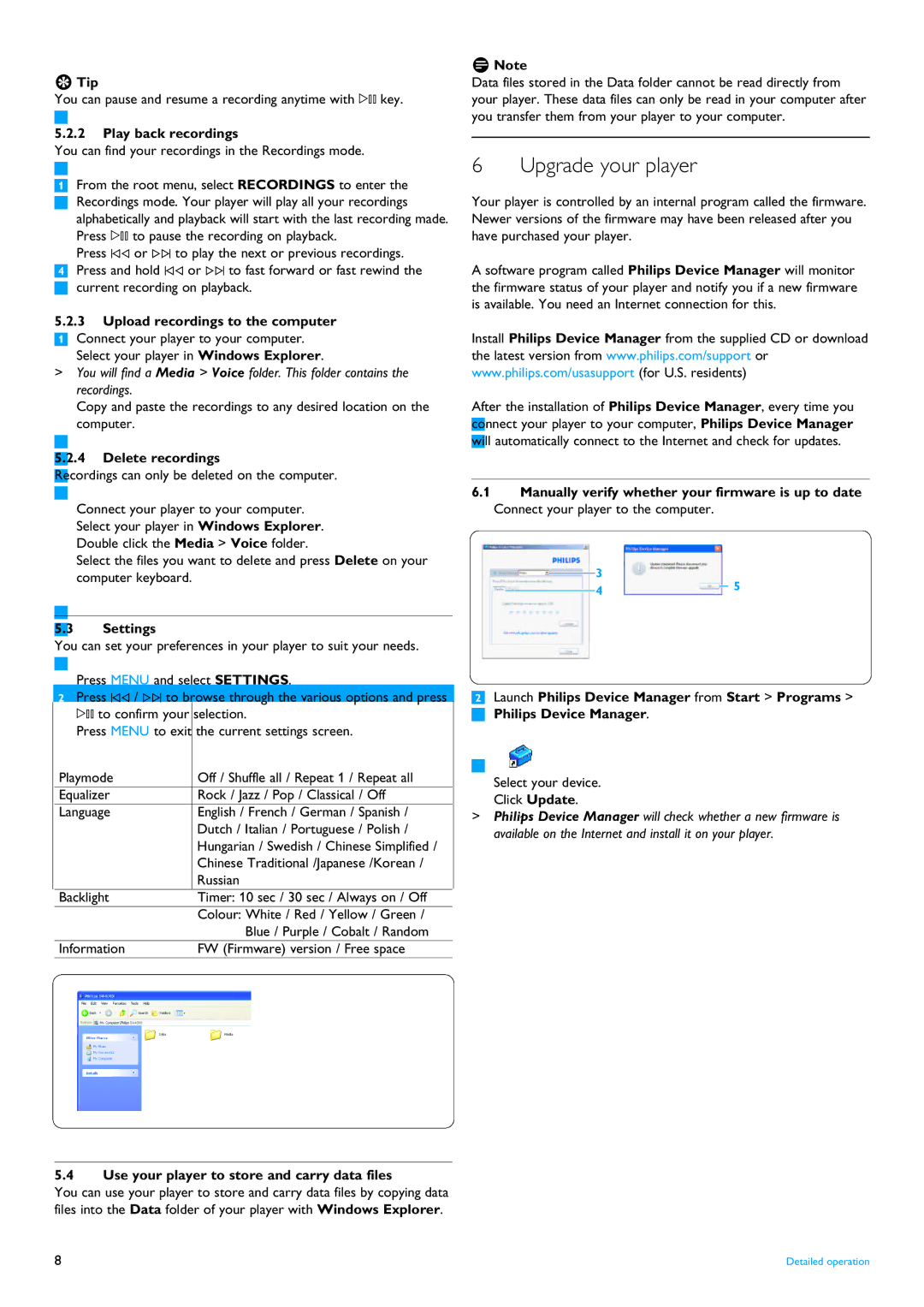 Philips SA4000 series manual Upgrade your player, Play back recordings, Delete recordings, Settings 