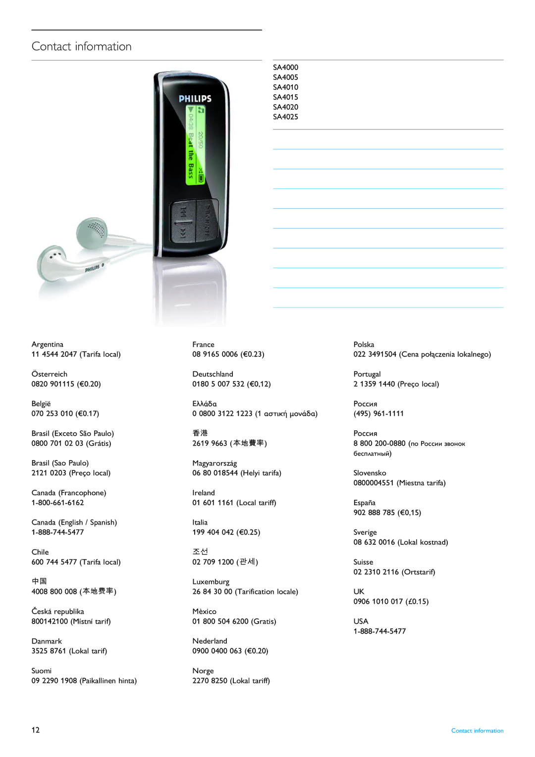 Philips SA4000 series manual Contact information, Usa 