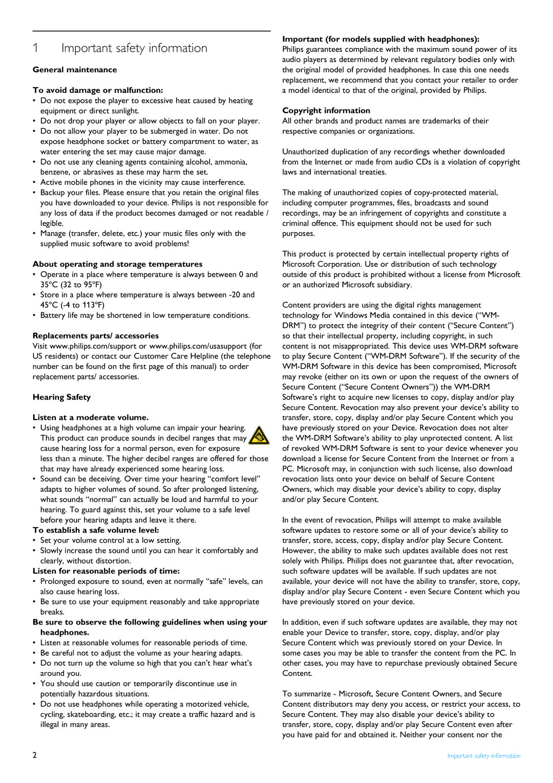 Philips SA4000 series manual Important safety information 