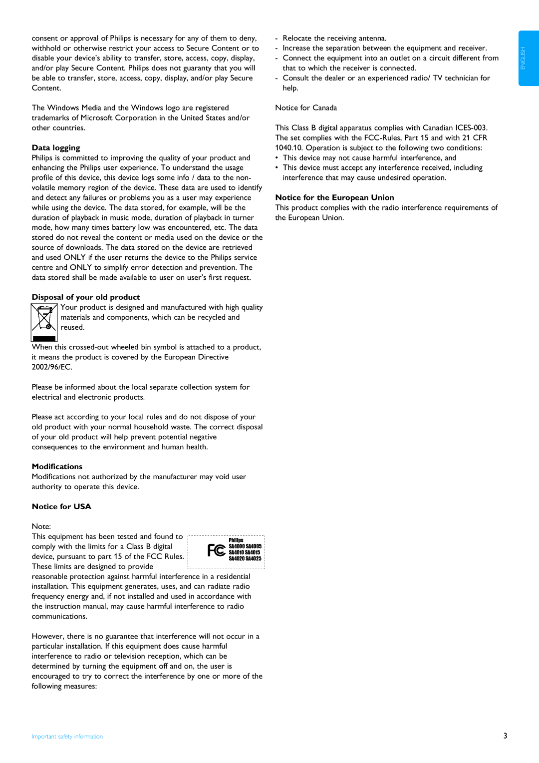 Philips SA4000 series manual Data logging, Disposal of your old product, Modifications 