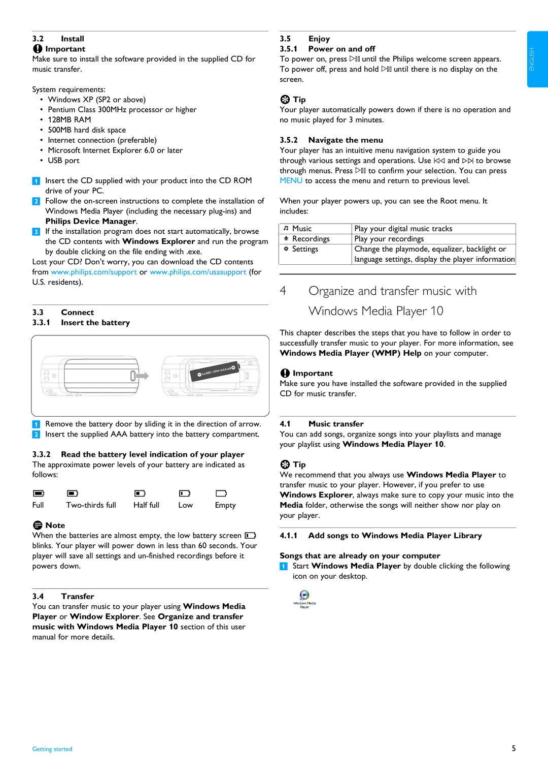 Philips SA4000 series Install Important, Connect Insert the battery, Transfer, Enjoy Power on and off, Tip, Music transfer 