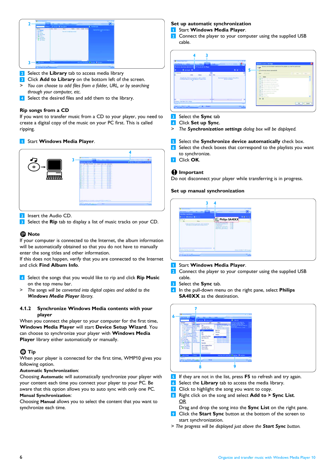 Philips SA4000 series Rip songs from a CD, Start Windows Media Player, Synchronize Windows Media contents with your player 