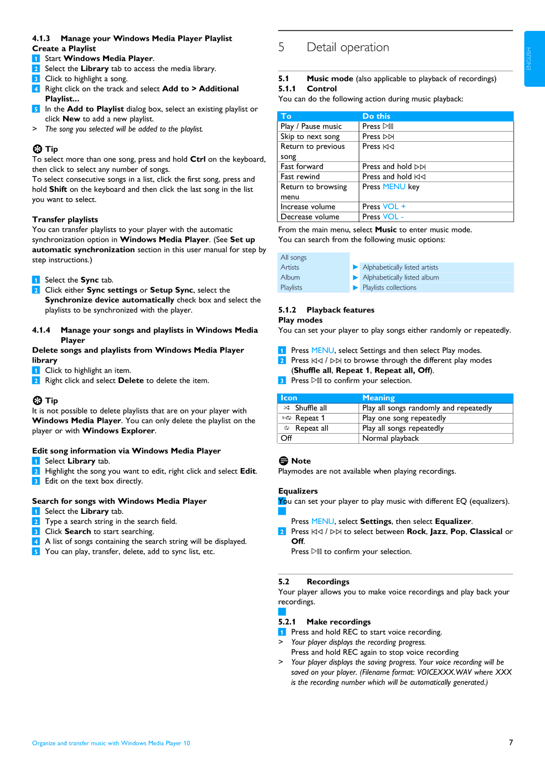 Philips SA4000 series manual Detail operation 