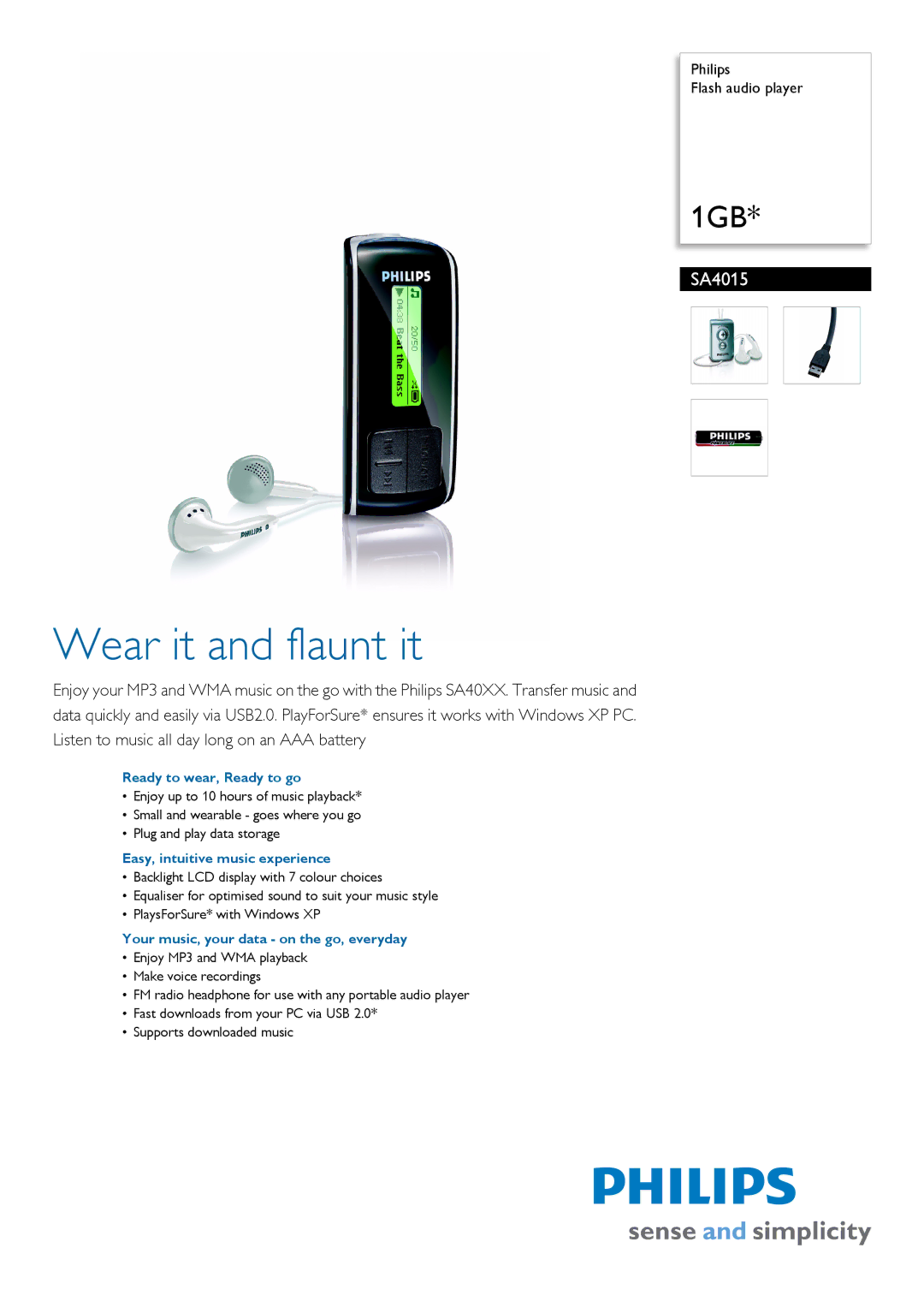 Philips SA4015/02 manual Ready to wear, Ready to go, Easy, intuitive music experience 