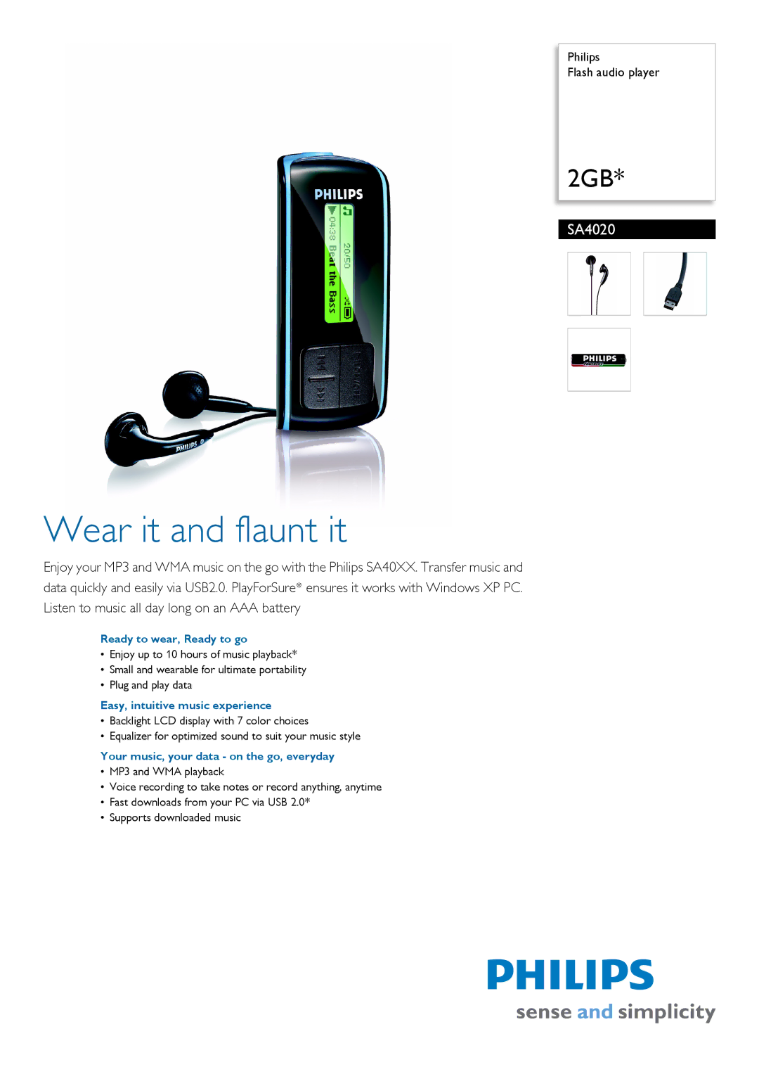 Philips SA4020/02 manual Ready to wear, Ready to go, Easy, intuitive music experience 