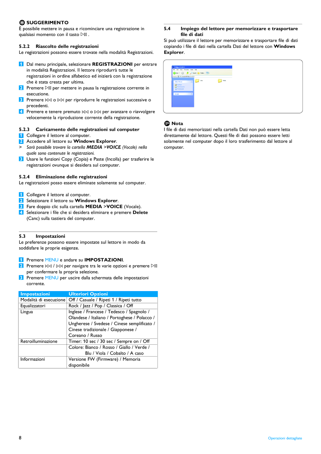 Philips SA4000, SA4025, SA4015, SA4020, SA4010 Riascolto delle registrazioni, Eliminazione delle registrazioni, Impostazioni 