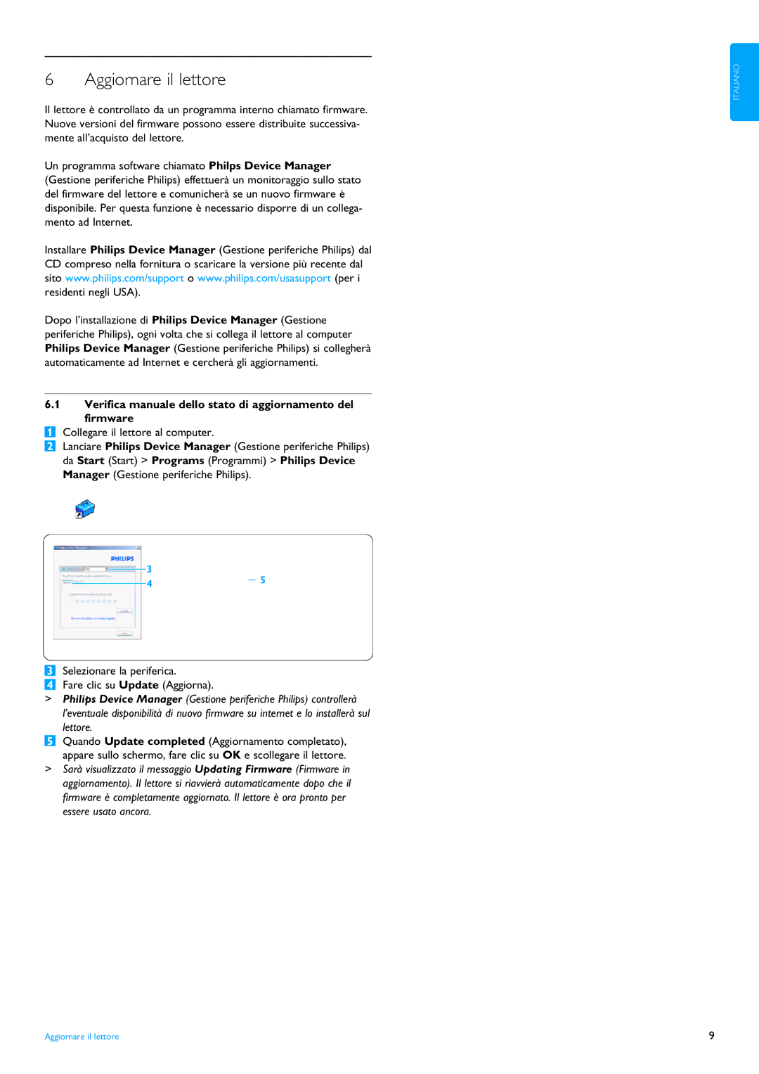 Philips SA4005, SA4025, SA4015, SA4020 Aggiornare il lettore, Verifica manuale dello stato di aggiornamento del firmware 