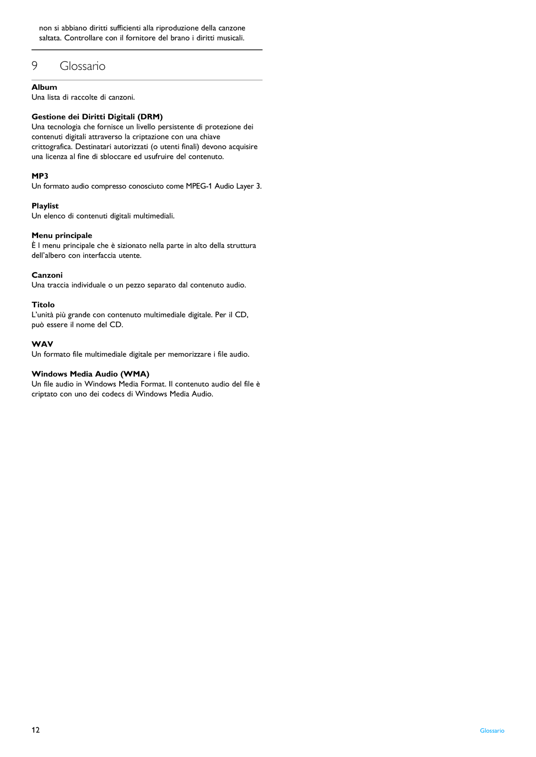 Philips SA4020, SA4025, SA4015, SA4010, SA4000, SA4005 manual Glossario 