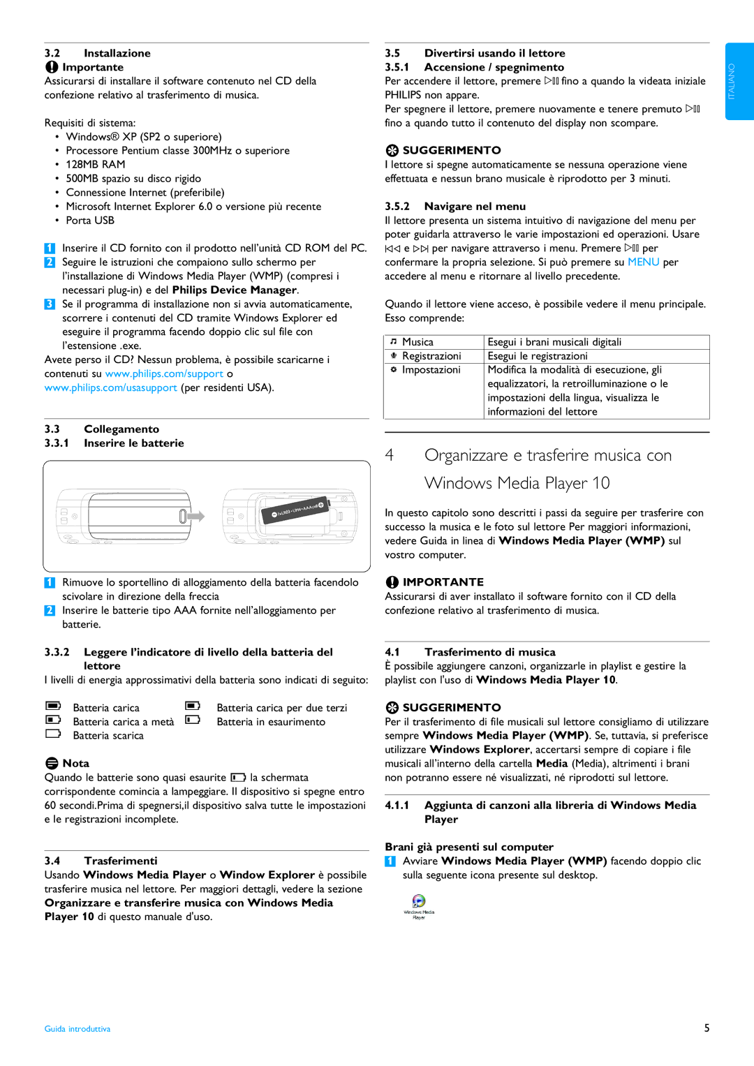 Philips SA4015, SA4025, SA4020, SA4010, SA4000, SA4005 manual Organizzare e trasferire musica con Windows Media Player 