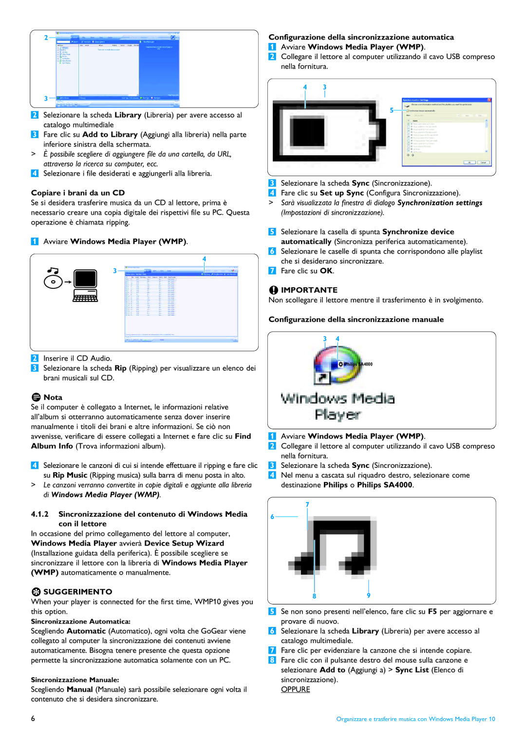 Philips SA4020, SA4025, SA4015, SA4010 Selezionare i file desiderati e aggiungerli alla libreria, Copiare i brani da un CD 