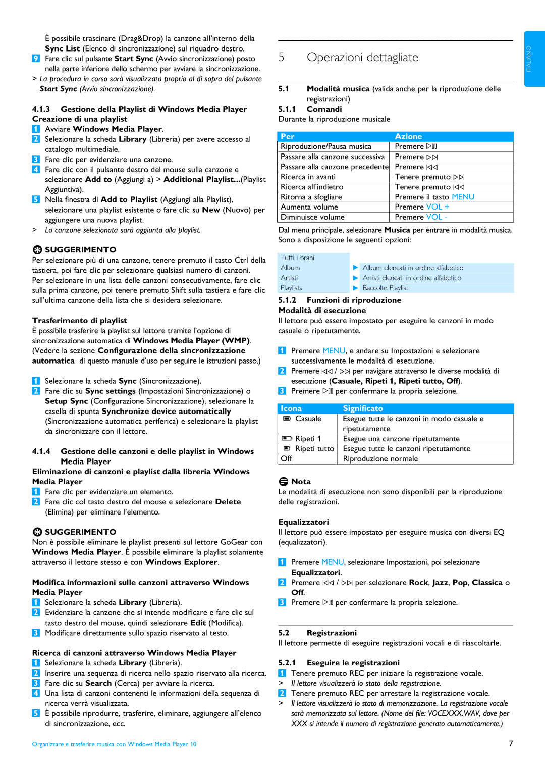 Philips SA4010, SA4025, SA4015, SA4020, SA4000, SA4005 manual Operazioni dettagliate 