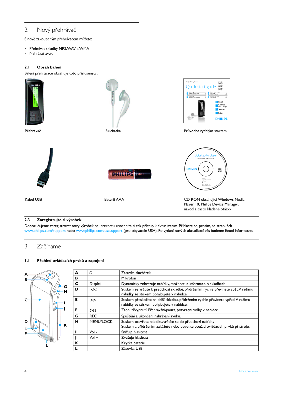 Philips SA4025 manual Nový přehrávač, Začínáme, Obsah balení, Zaregistrujte si výrobek, Přehled ovládacích prvků a zapojení 