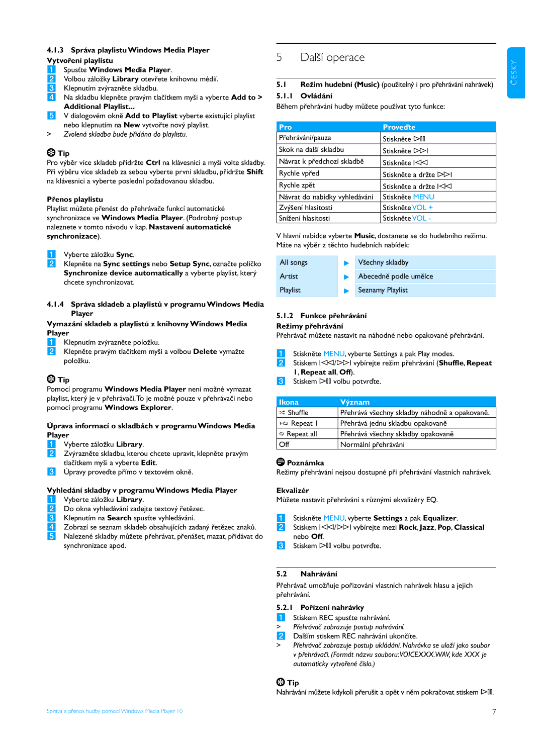 Philips SA4010, SA4025, SA4015, SA4020, SA4000, SA4005 manual Další operace 