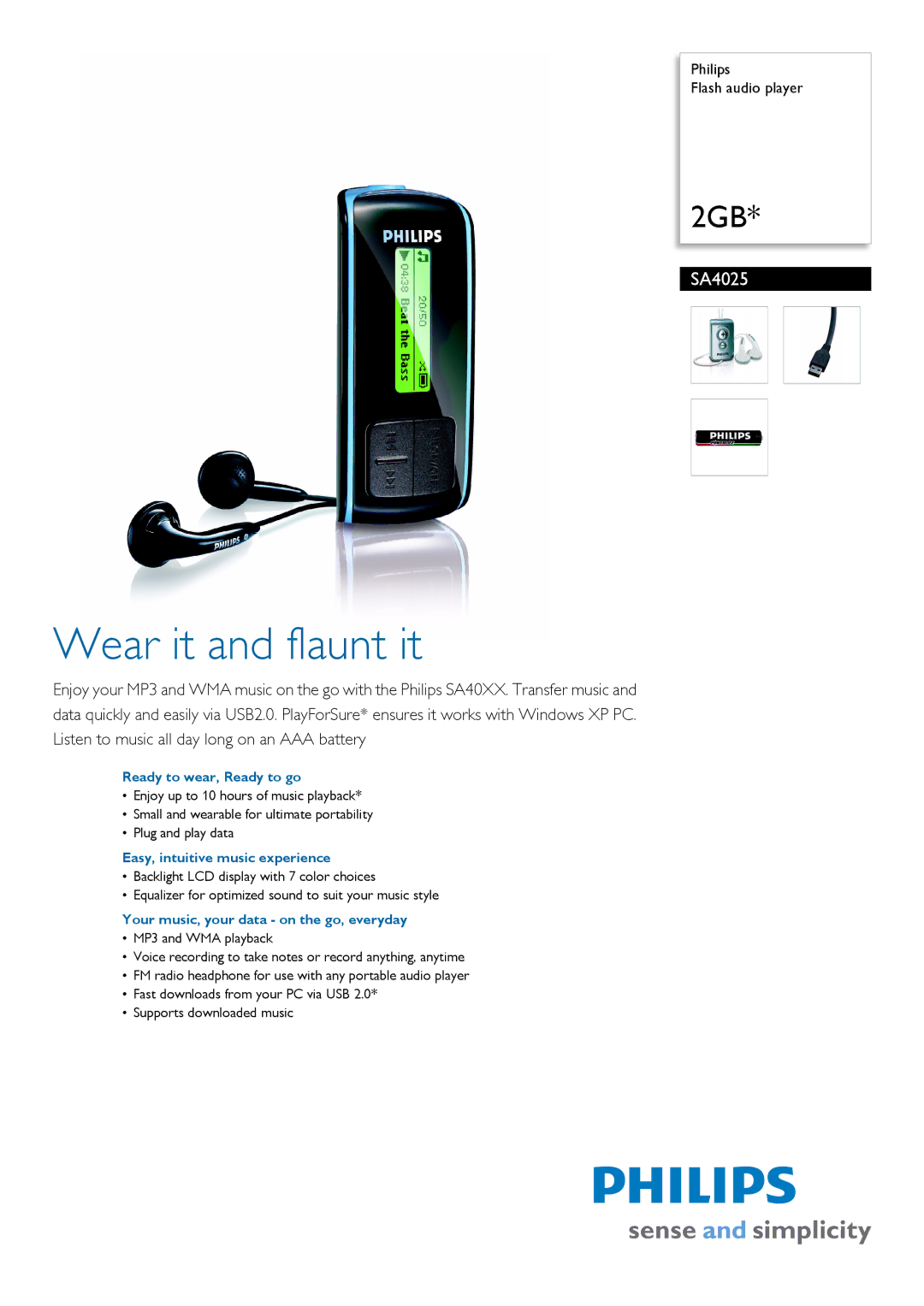 Philips SA4025/02 manual Ready to wear, Ready to go, Easy, intuitive music experience 