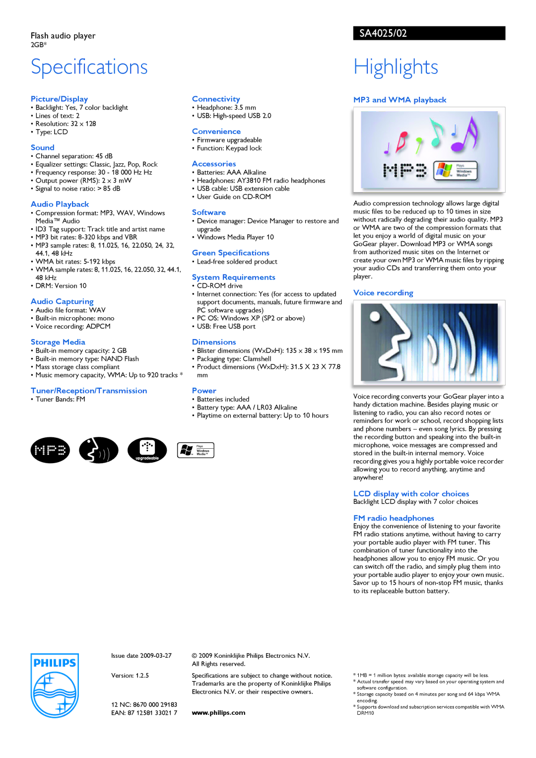 Philips SA4025/02 manual Specifications, Highlights 