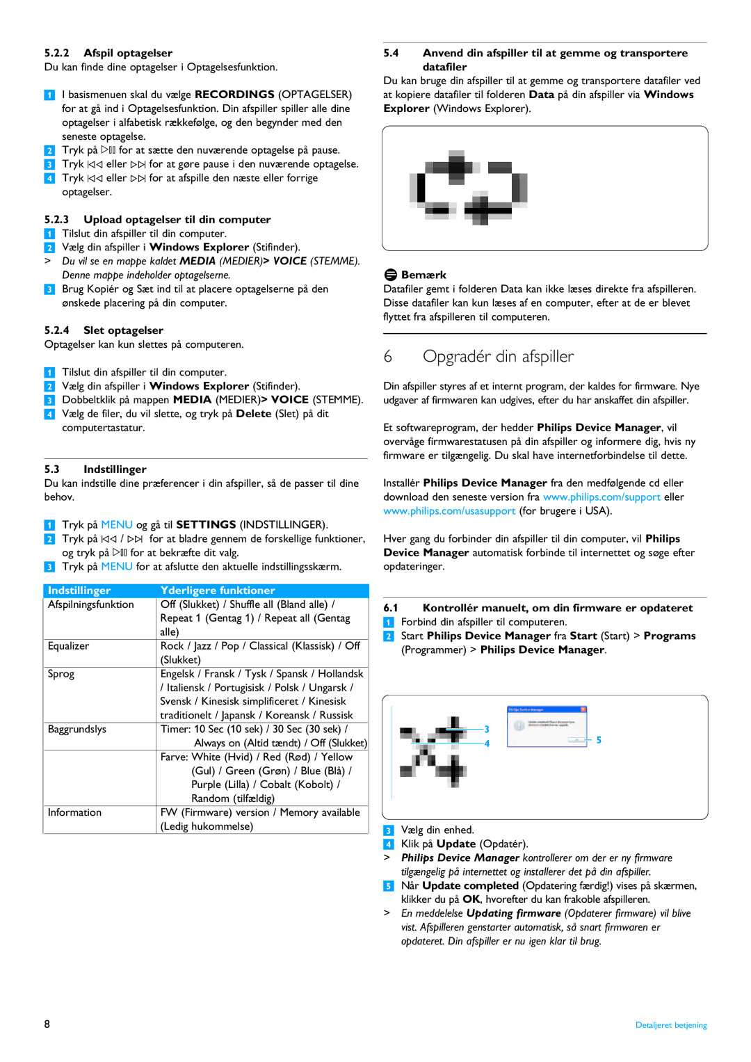 Philips SA4100, SA4114, SA4110, SA4105, SA4104 manual Opgradér din afspiller, Afspil optagelser, Slet optagelser, Indstillinger 