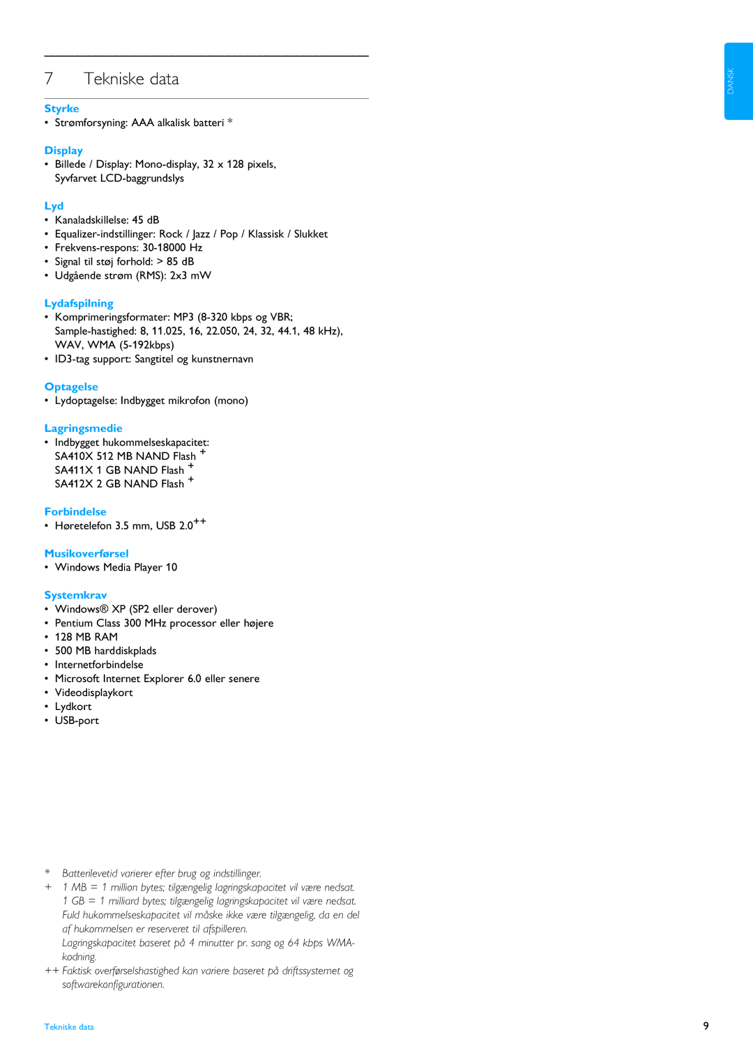 Philips SC215, SA4114, SA4110, SA4105, SA4104, SA4100 manual Tekniske data, Lyd 