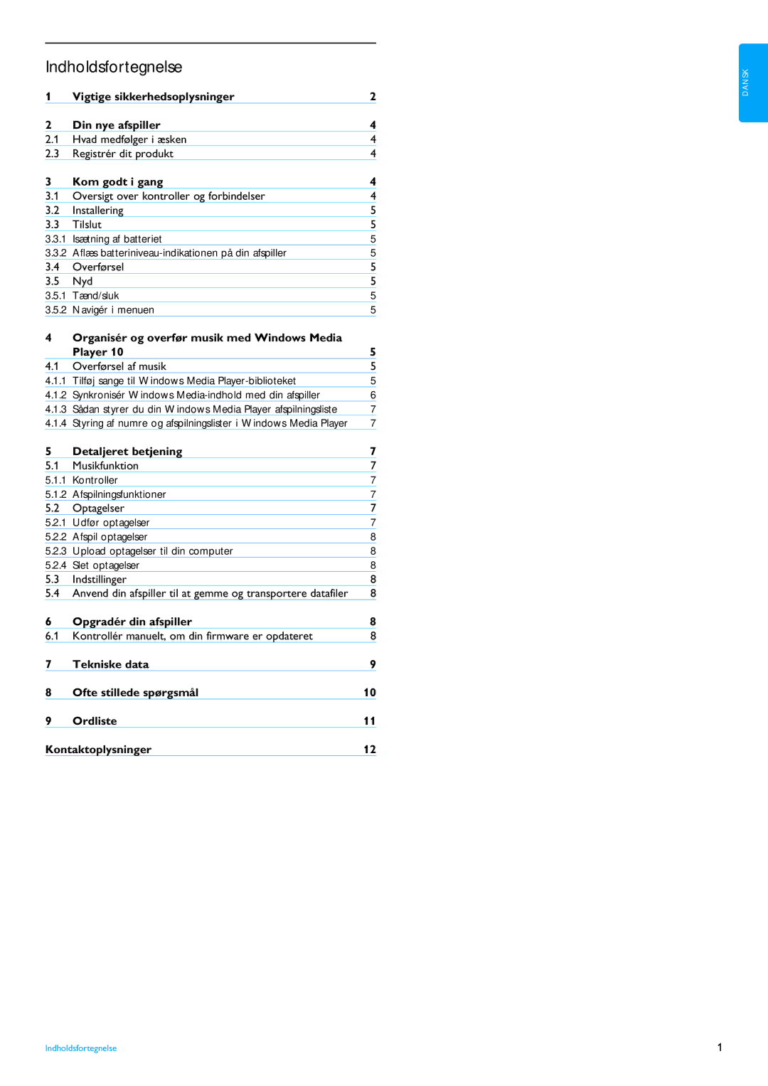 Philips SA4104, SA4114, SA4110, SA4105, SA4100, SC215 manual Indholdsfortegnelse 