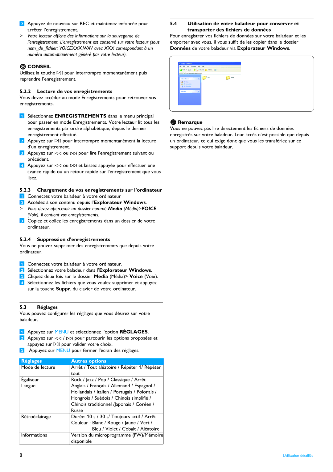 Philips SA4114, SA4124, SA4121, SA4111, SA4115, SA4105 Lecture de vos enregistrements, Suppression d’enregistrements, Réglages 