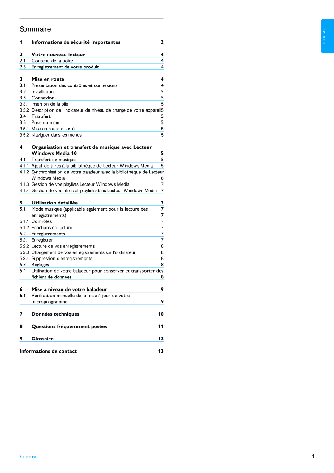 Philips SA4111 Sommaire, Informations de sécurité importantes Votre nouveau lecteur, Mise en route, Utilisation détaillée 